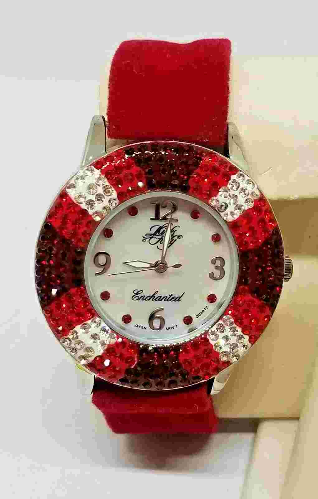 Kirks Folly Silver Tone Enchanted Calypso Sparkle Rhinestone Red Velvet Watch