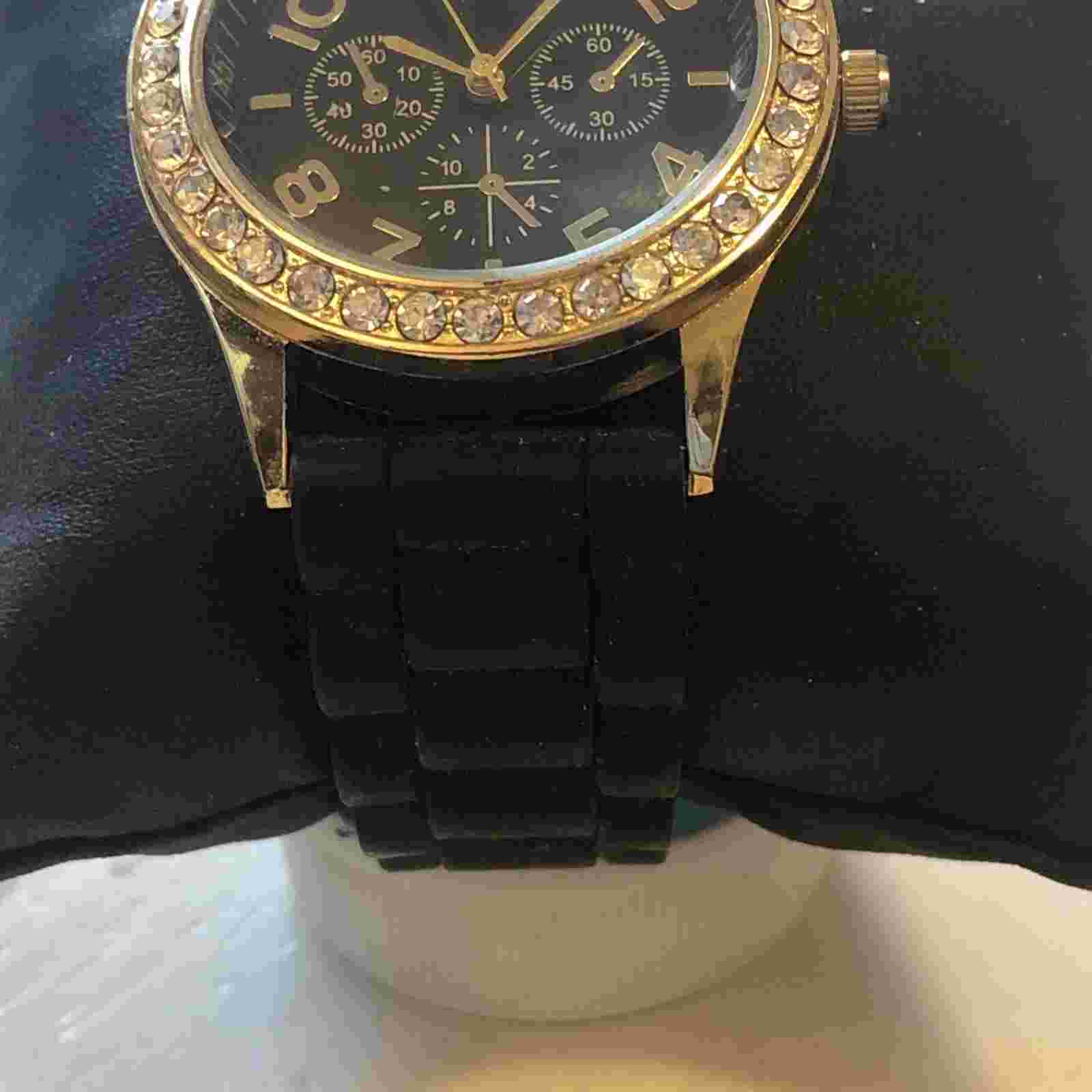 NWOT Woman's Darice Black Silicone Rhinestone Fashion Watch Gold Color Trim