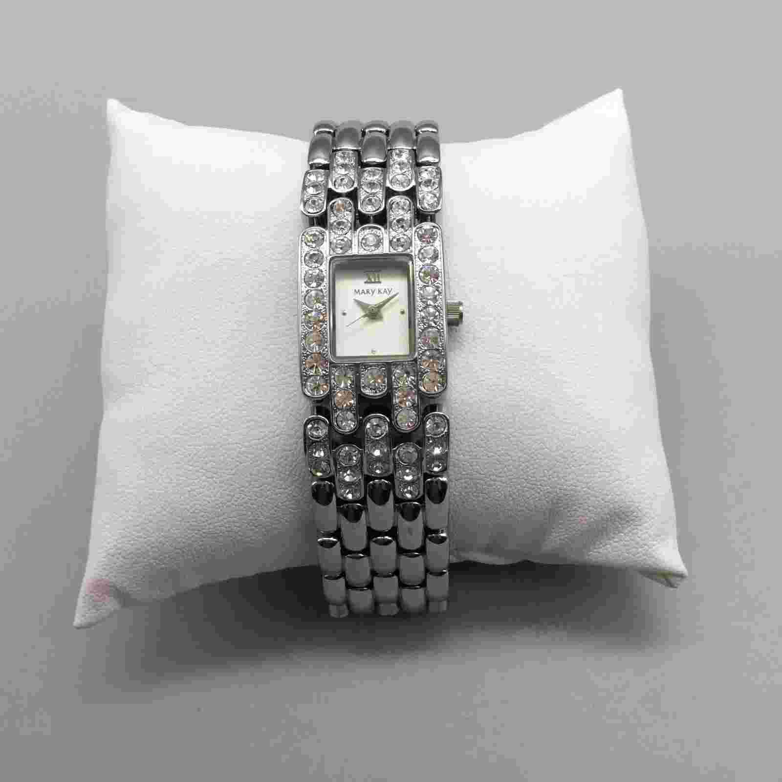 MARY KAY Watch Women 19mm Silver Tone Crystals Rectangle Dial New Battery 8.75"