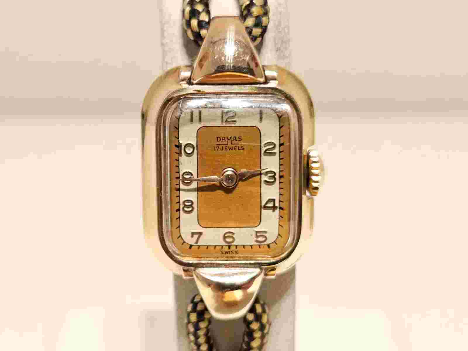 VINTAGE RARE WW2 ERA LUXURY SMALL SWISS GOLD PLATED LADIES  WATCH "DAMAS"15 J