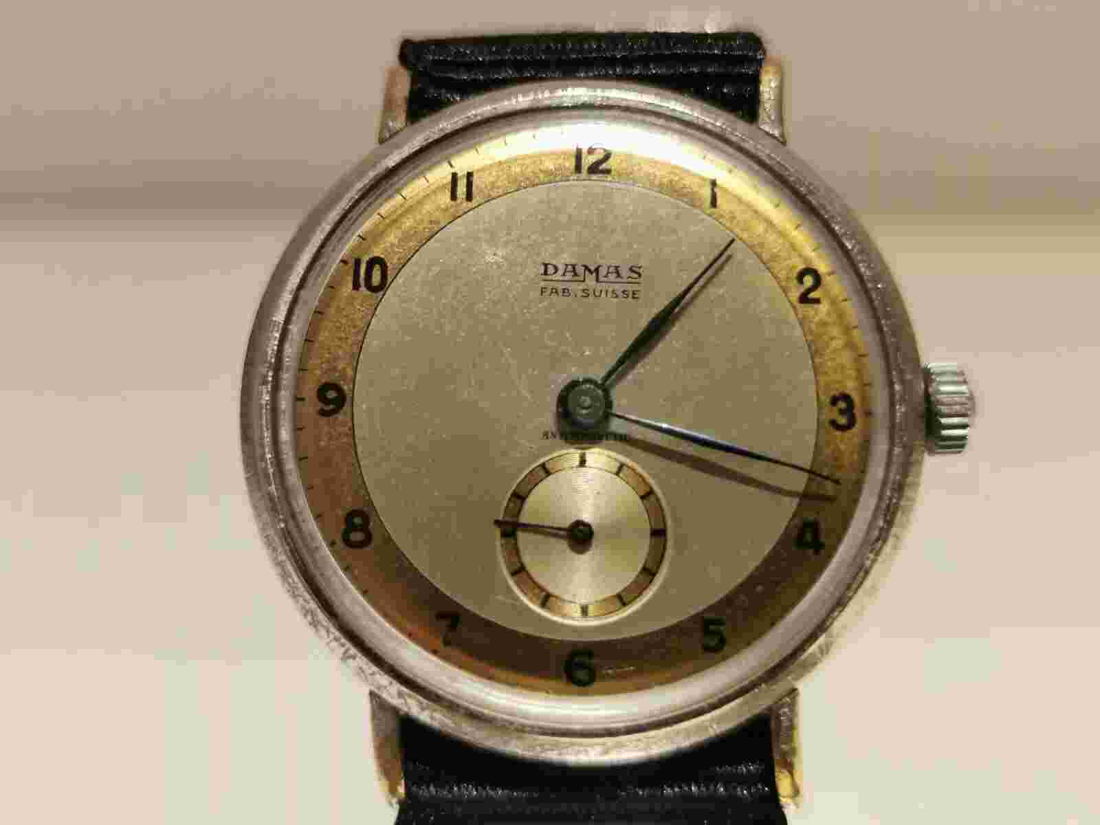 VINTAGE RARE NICE WW2 ERA MILITARY STYLE 35MM MEN'S SWISS WATCH "DAMAS" 17 J