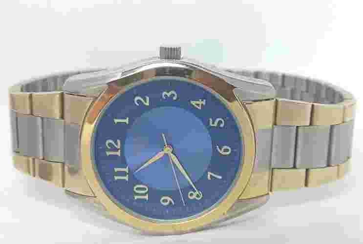 Men Q&Q by Citizen Watch Blue Face Gold Bezel Silver Case Steel Bracelet 2 Tone