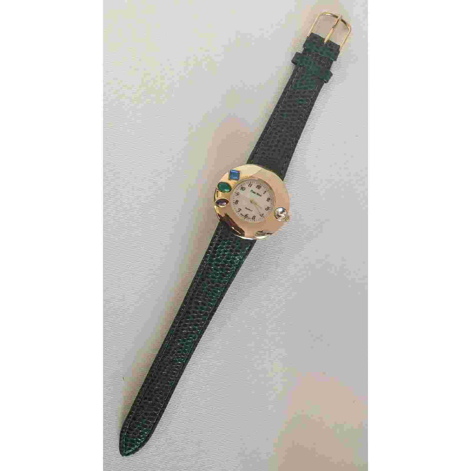 Vintage Pierre Nicol Gem Inlaid Gold Tone Ladies Watch w/ Forest Green Band