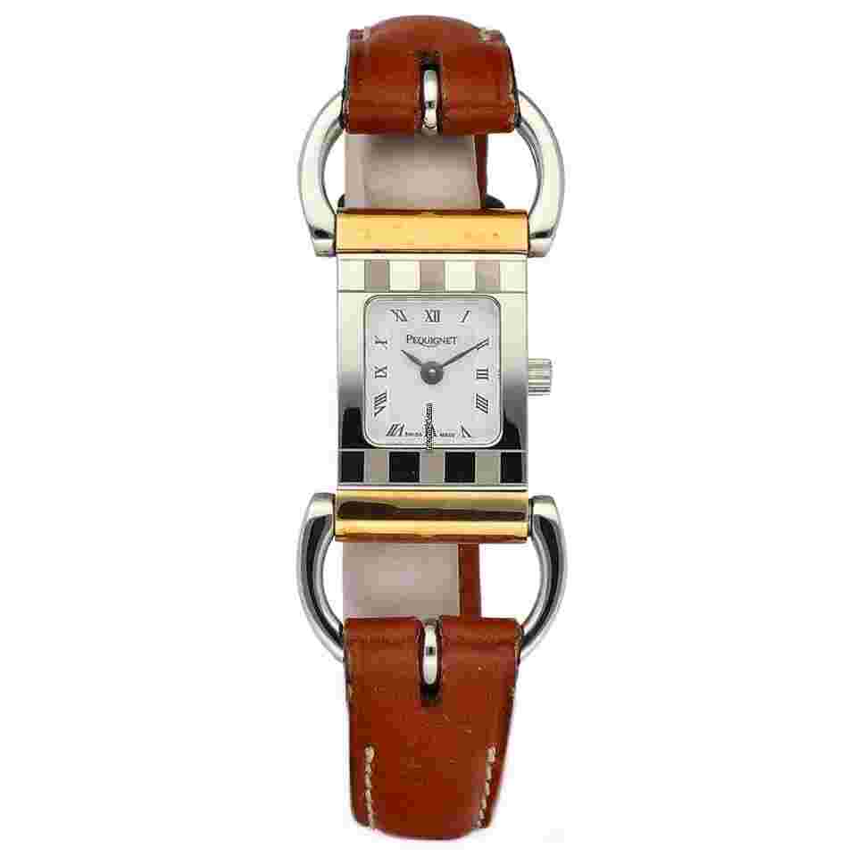 Pequignet
076 18k/Steel Roman White Dial Brown Leather Swiss Quartz Womens Watch