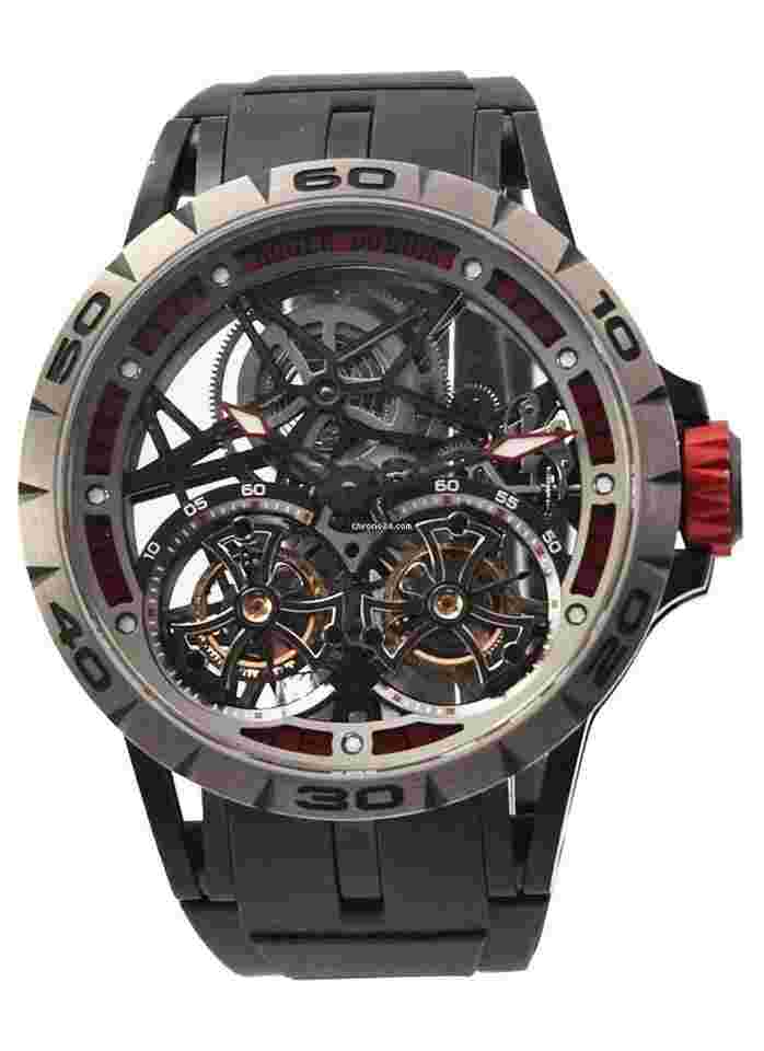 Roger Dubuis Excalibur
Spider Skeleton Double Flying Tourbillon 47mm in Titanium with Black DLC Coating on Black Rubber Strap with Skeleton Dial - Limited Edition of 188 Pieces