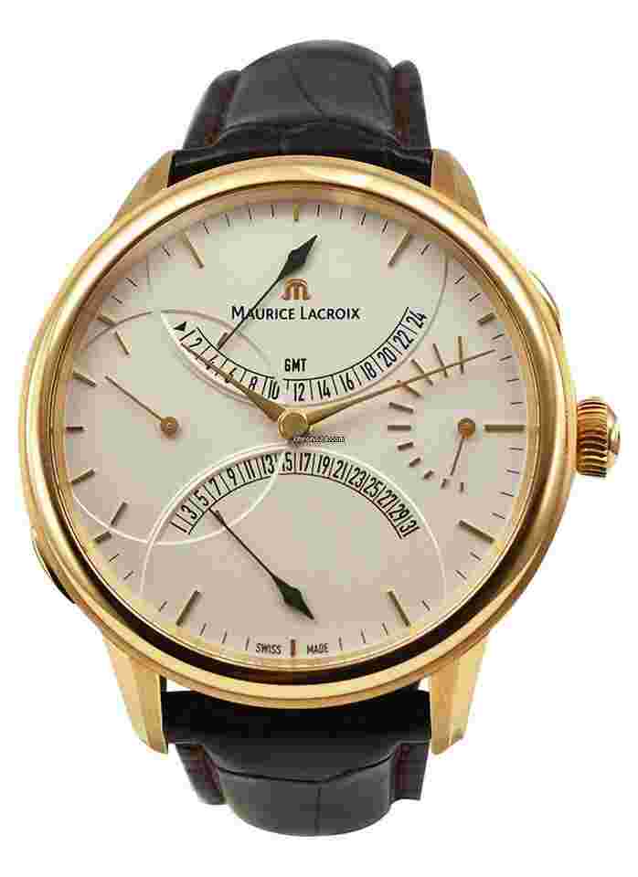 Maurice Lacroix Masterpiece
Double Retrograde in Rose Gold on Black Alligator Leather Strap with Silver Dial