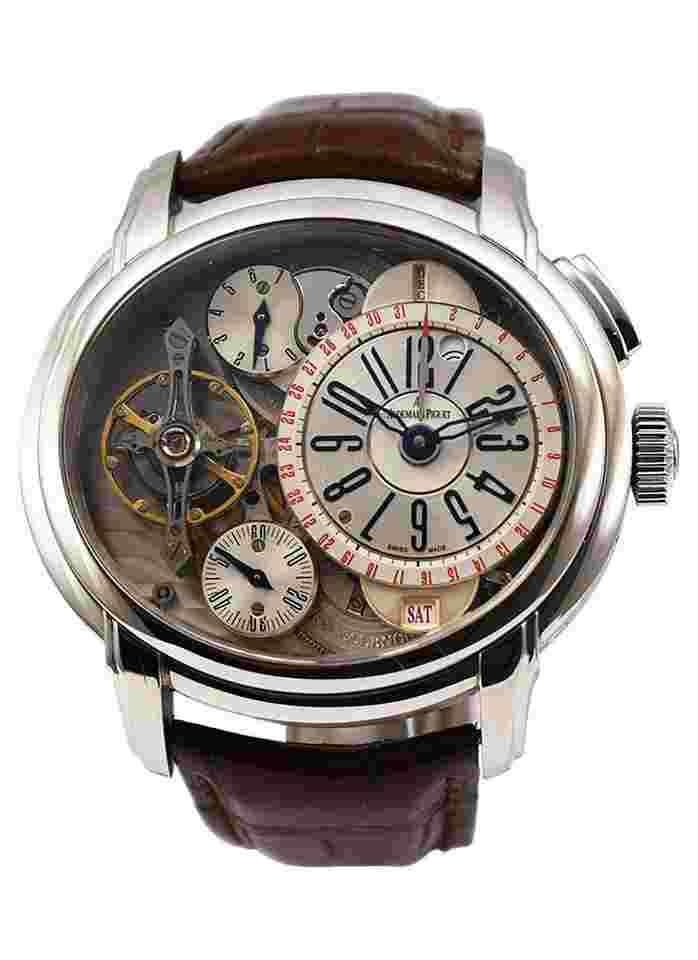 Audemars Piguet Millenary
Tradition Excellence Cabinet 5 in Platinum on Brown Crocodile Leather Strap with Skeleton Dial Includes Navy Leather Strap