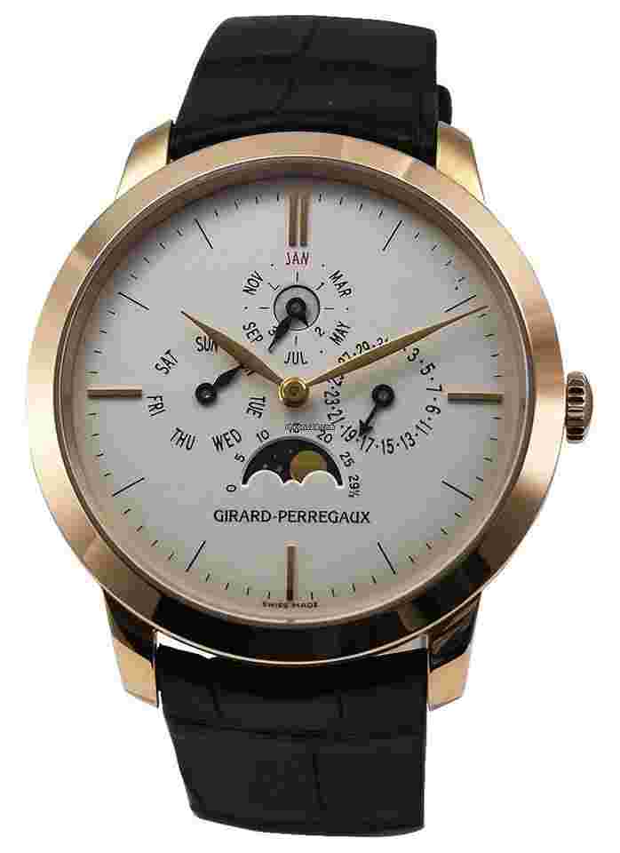 Girard Perregaux 1966
Perpetual Calendar in Rose Gold on Black Alligator Leather Strap with White Dial