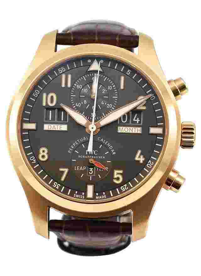 IWC Pilot Spitfire Perpetual Calendar Digital Date-Month and Month in Rose Gold on Brown Alligator Leather Strap with Anthracite Dial