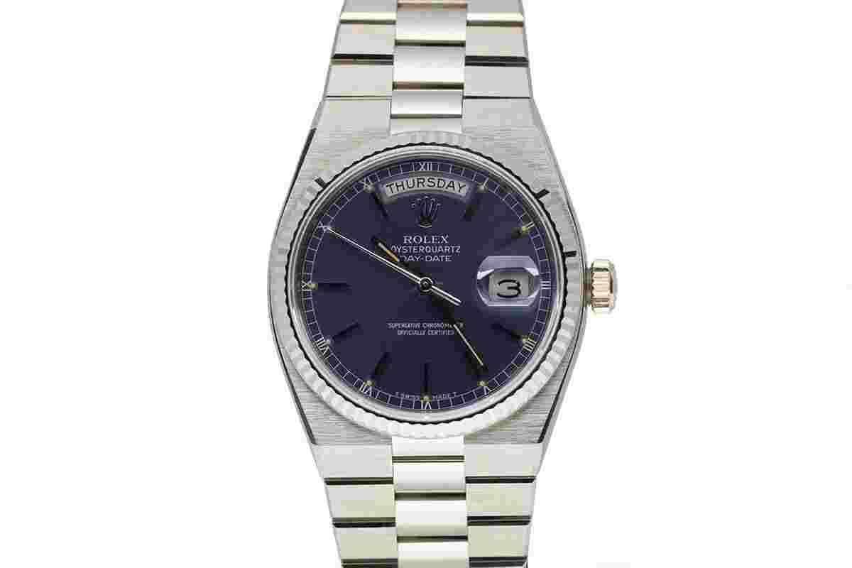 Rolex Day-Date Oysterquartz
Oyster Quartz Ref 19019 18k White Gold Blue Dial Circa 1980
