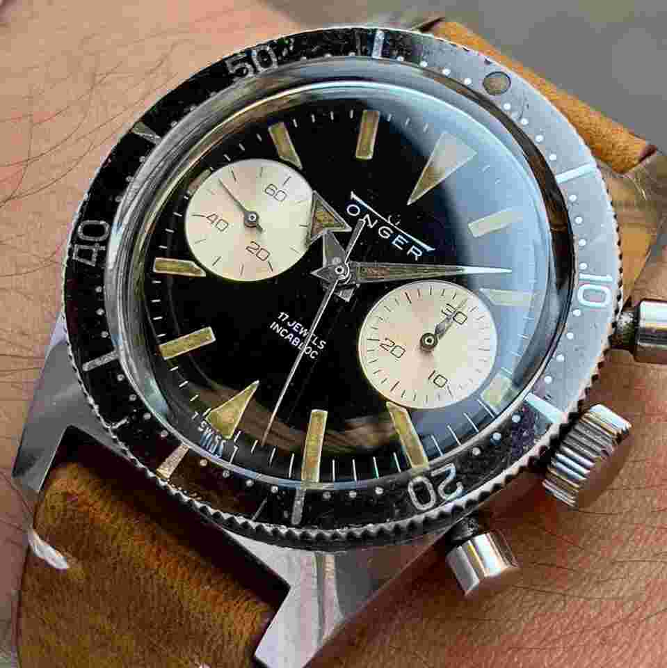 Onger 1006-10 RARE Broad Arrow 38mm Chronograph Skin Diver 200mt/20ATU Landeron 248 NOS