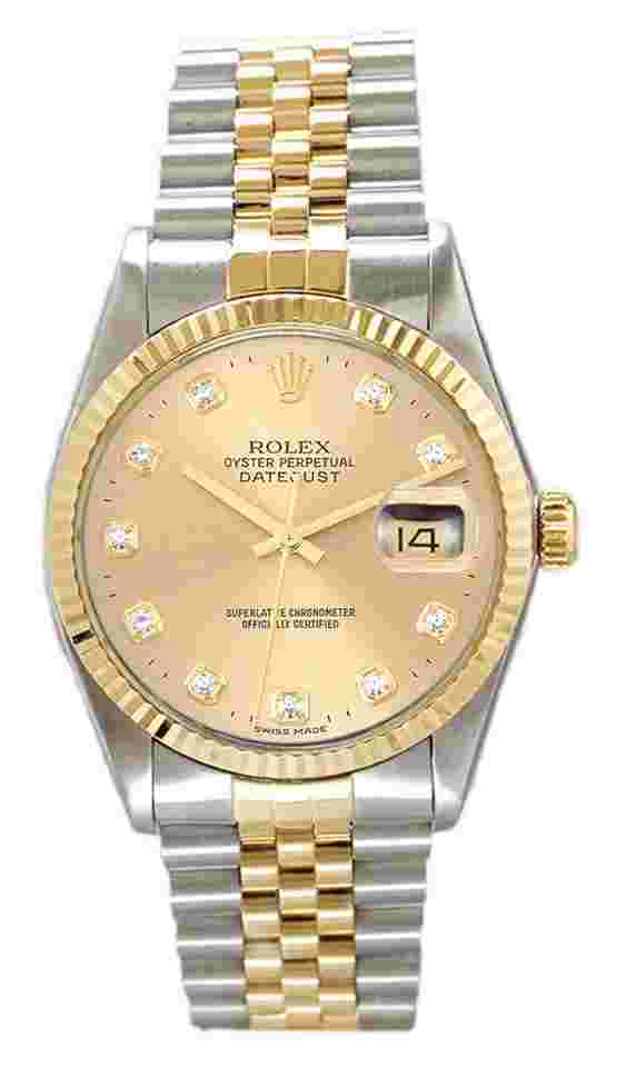 Rolex Datejust 36
Men's Datejust Two Tone Fluted Factory Champagne Diamond Dial 16233
