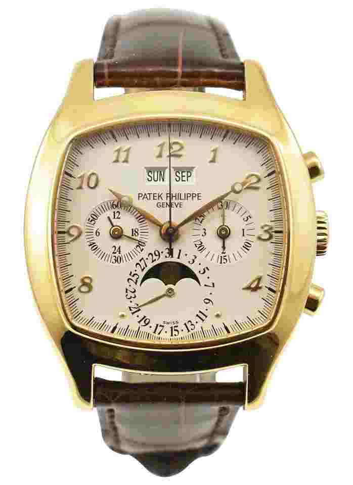 Patek Philippe Perpetual Calendar Chronograph
Chrono 5020J in Yellow Gold on Brown Leather Strap with Silver Dial (Archive Papers)