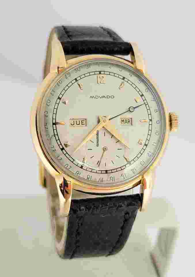 Movado
Vintage 18k Rose Gold MOVADO Triple Calendar Winding Mens Watch 1950s R4862 RARE