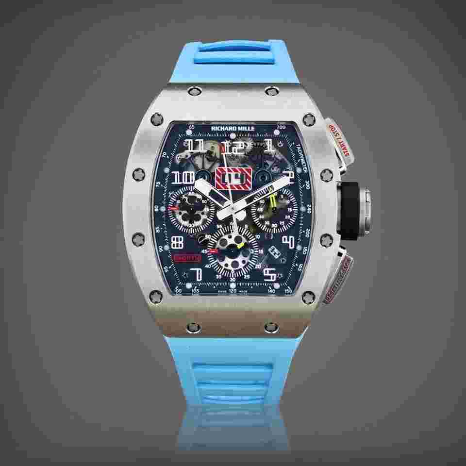 Richard Mille RM 011
Felipe Massa Edition Annual Calendar Chronograph Flyback Grade 5Titanium Miami Blue