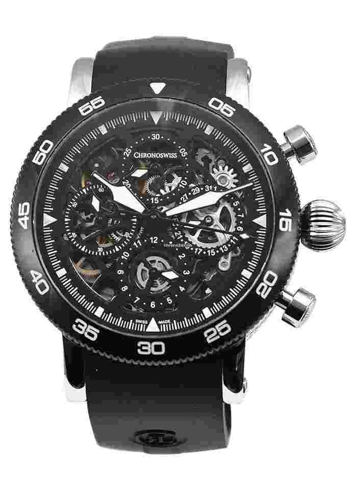 Chronoswiss Timemaster
Chronograph in Steel with Black Bezel on Black Rubber Strap with Skeleton Dial