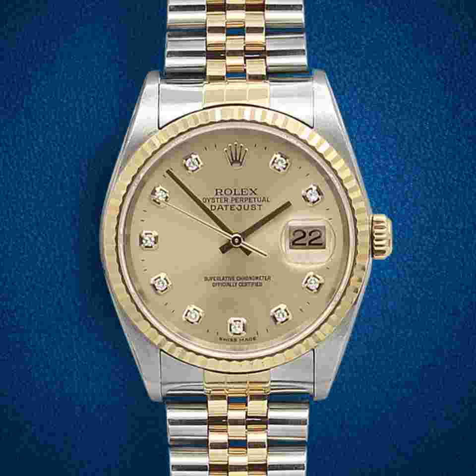 Rolex Datejust 36
ref. 16233 Champagne Diamonds Dial - Jubilee Bracelet - Full Set