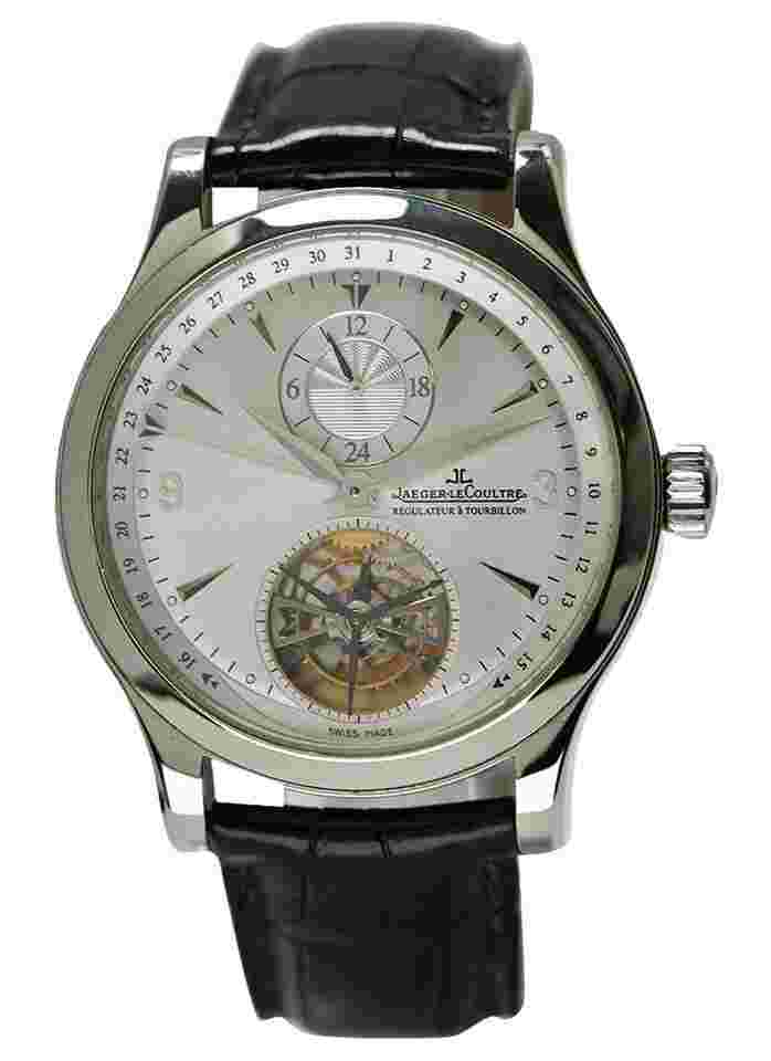 Jaeger-LeCoultre Master Tourbillon
LeCoultre Master Control Tourbillon in Stainless Steel on Black Leather Strap with Silver Dial