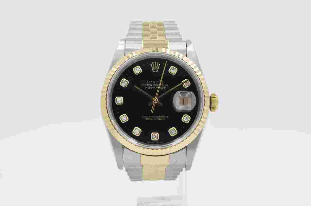 Rolex Datejust 36
16233 factory black big diamond dial 36mm 1996 with box and papers