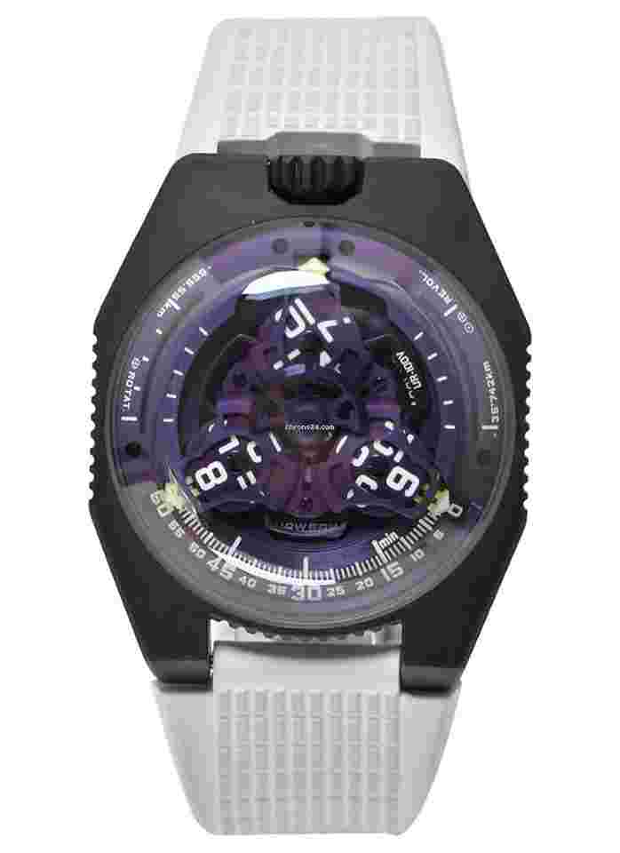 Urwerk
UR-100V in Titanium Coated With Violet DLC on White Rubber Strap with Openwork Purple Dial