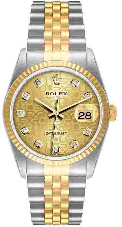 Rolex Datejust 36
Men's Datejust Two Tone Factory Champagne Anniversary Diamond Dial 16233