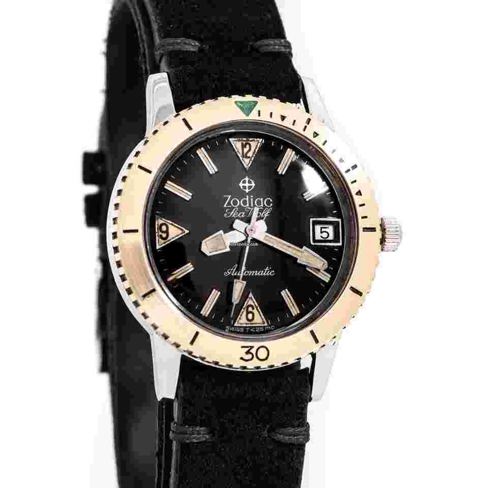 Zodiac Sea Wolf
1960's Vintage Zodiac Sea Wolf Ref. 722-946 B 14k Yellow Gold Bezel & Stainless Steel Watch ( 15175)