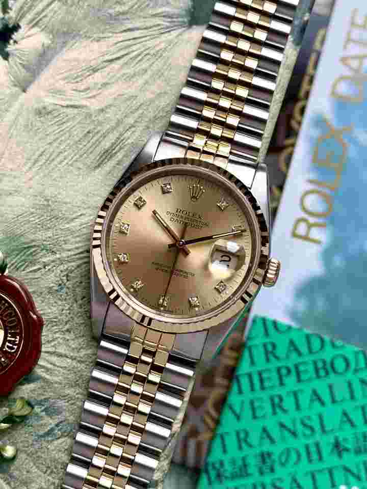 Rolex Datejust 36
ref 16233 2-year warranty Gold Diamond Dial 1991 Full Set Serviced