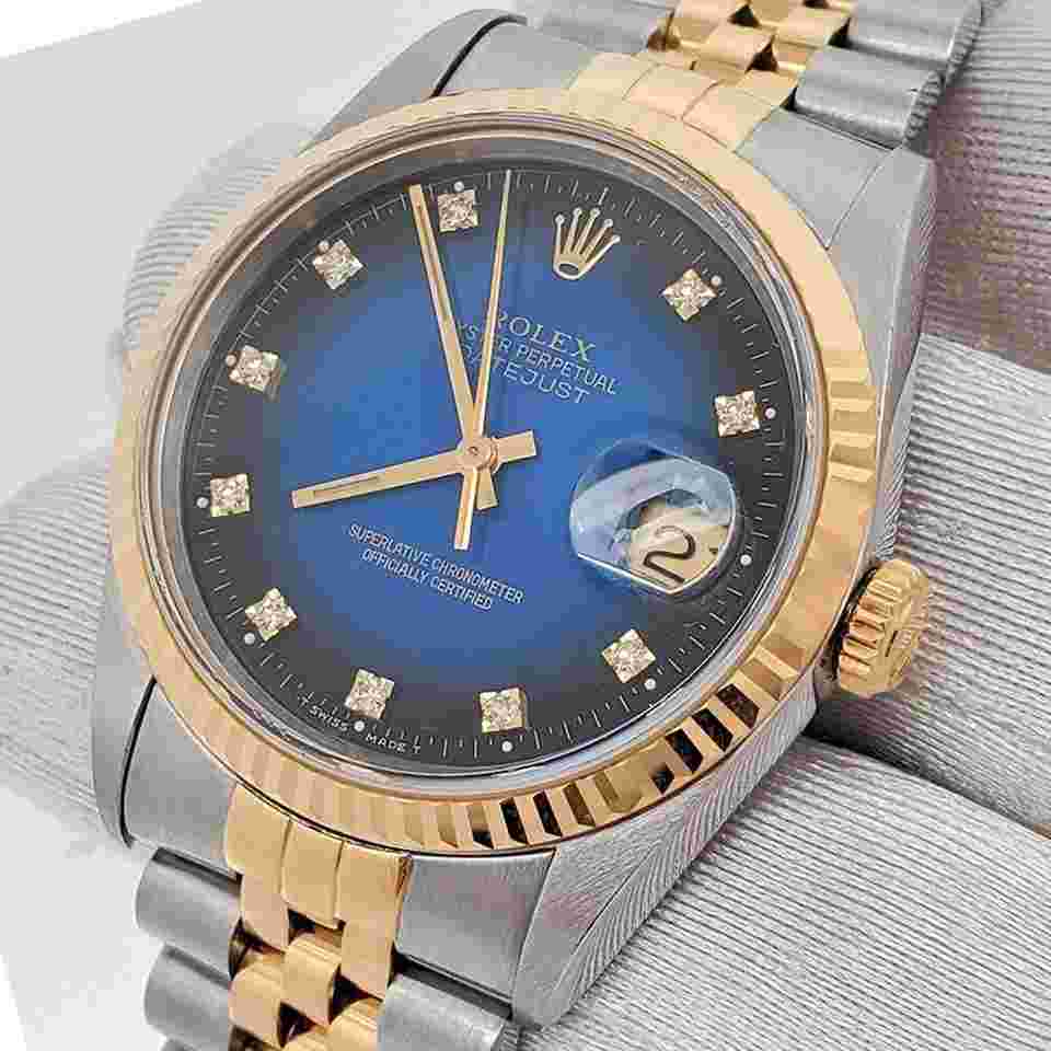 Rolex Datejust 36
36mm Factory Blue Vignette Diamond Dial Gold/Steel Watch 16233