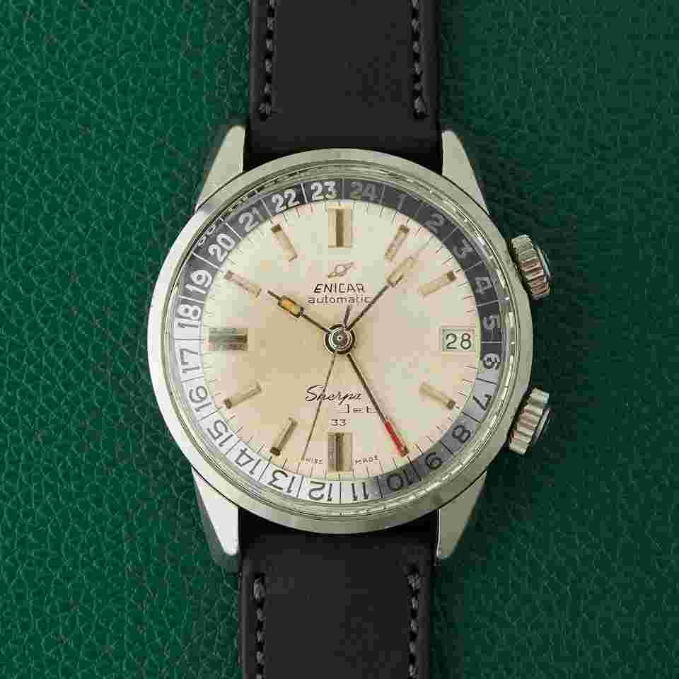 Enicar Sherpa Jet 33 Ref. 126/002 Silver Patina Dial Dual Crowns