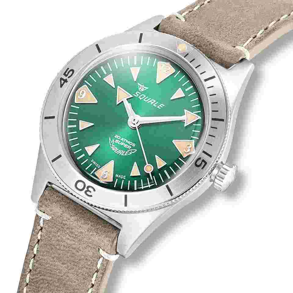 Squale Super-Squale Big Arrows - GREEN - Taupe Leather Strap - OFFICIAL DEALER - FACTORY NEW - FULL WARRANTY