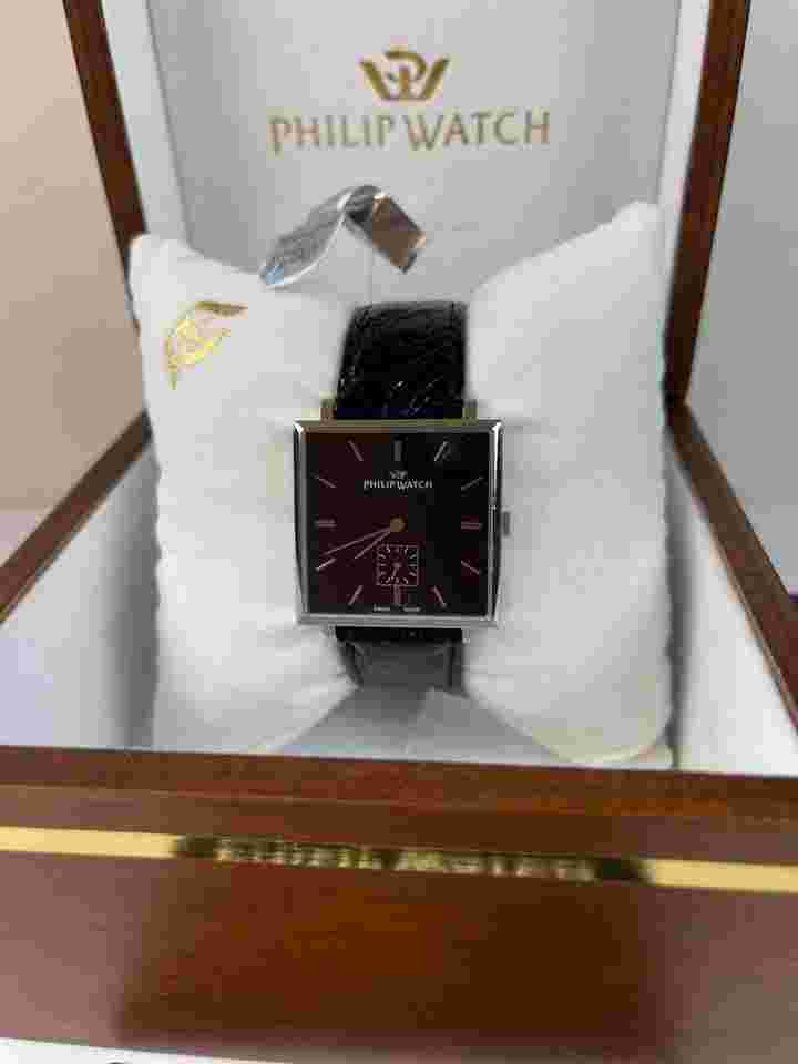 Philip Watch Square Dress Black Dial Stainless Steel Original Box Papers NOS New Old Stock Swiss Made