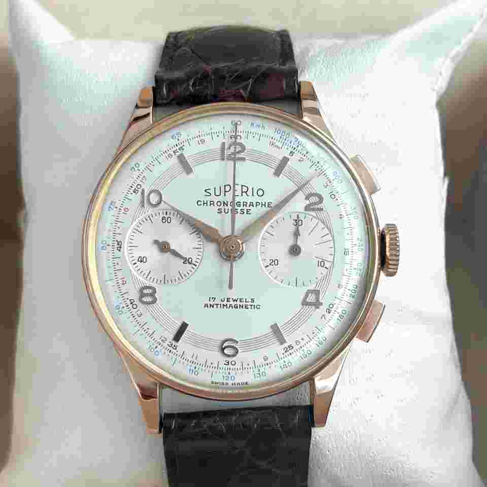 Superio Chronograph Suisse 36mm 18k Gold Handaufzug Landeron 51 Rosegold Herrenuhr