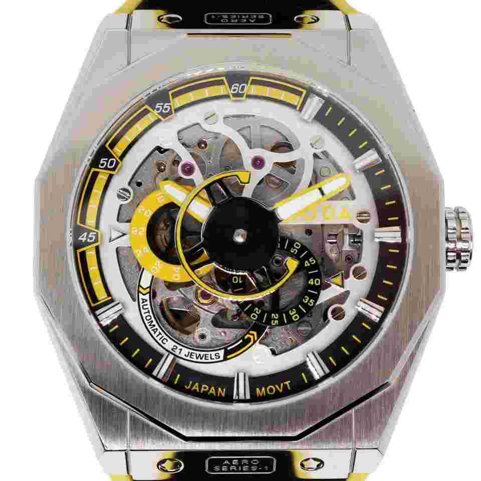 Noda Aero Series-1 43MM Stainless Steel Yellow Skeleton Dial Automatic Watch