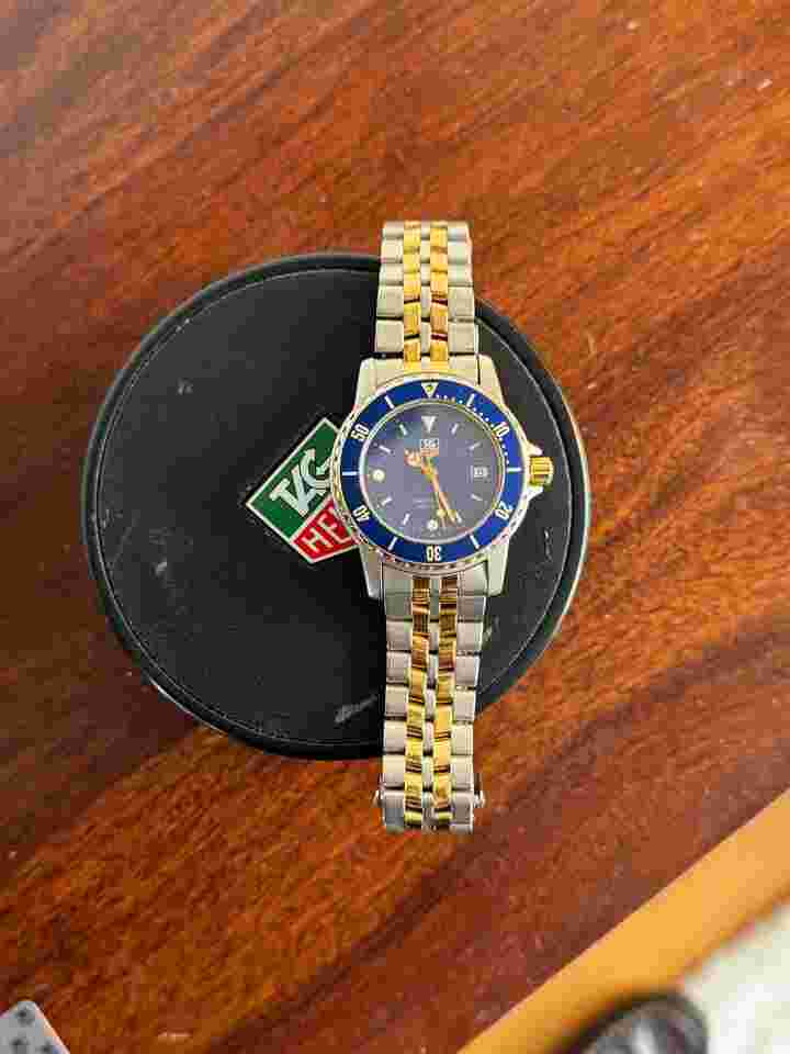 Tag Heuer Blue Gold Submariner Professional WD1223-G-20 Professional Diver 18k Gold plated Bezel & bracelet Full set with original Box papers links - rare model