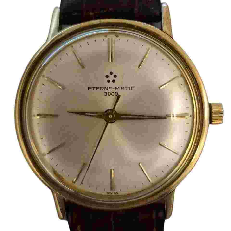 Eterna-Matic 3000 - Vintage Automatic Dress Watch – Gold-Tone Case – Brown Leather Strap