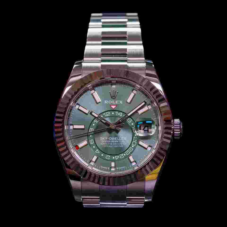 Rolex Sky-Dweller In Stock 2025 Green Dial Fluted White Gold Bezel Full Set