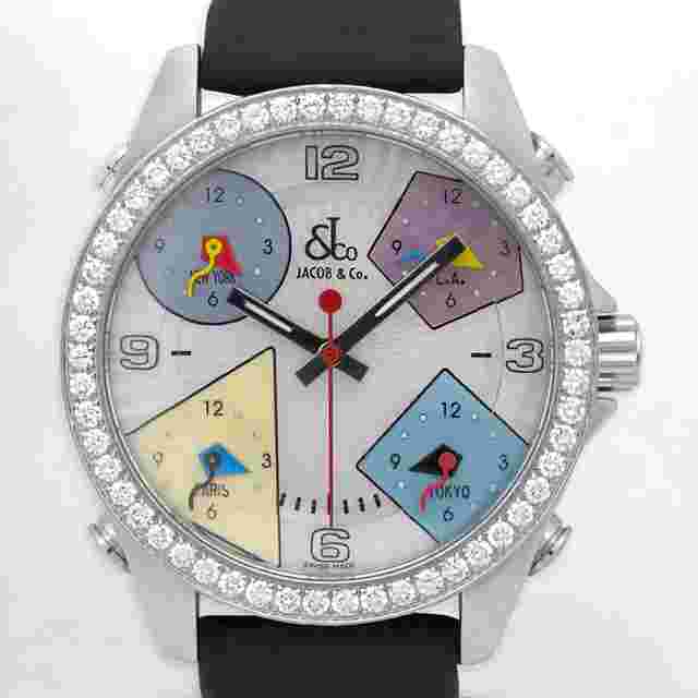 Jacob & Co. Five Time Zone Jacob&Co. Five Time Zone JCM24DA Quartz 40 MOP Dial Enamel Chrono Dia Bezel Rubber Band SS Great Condition. Comes with 1yr Seller's Warranty & Gift Box