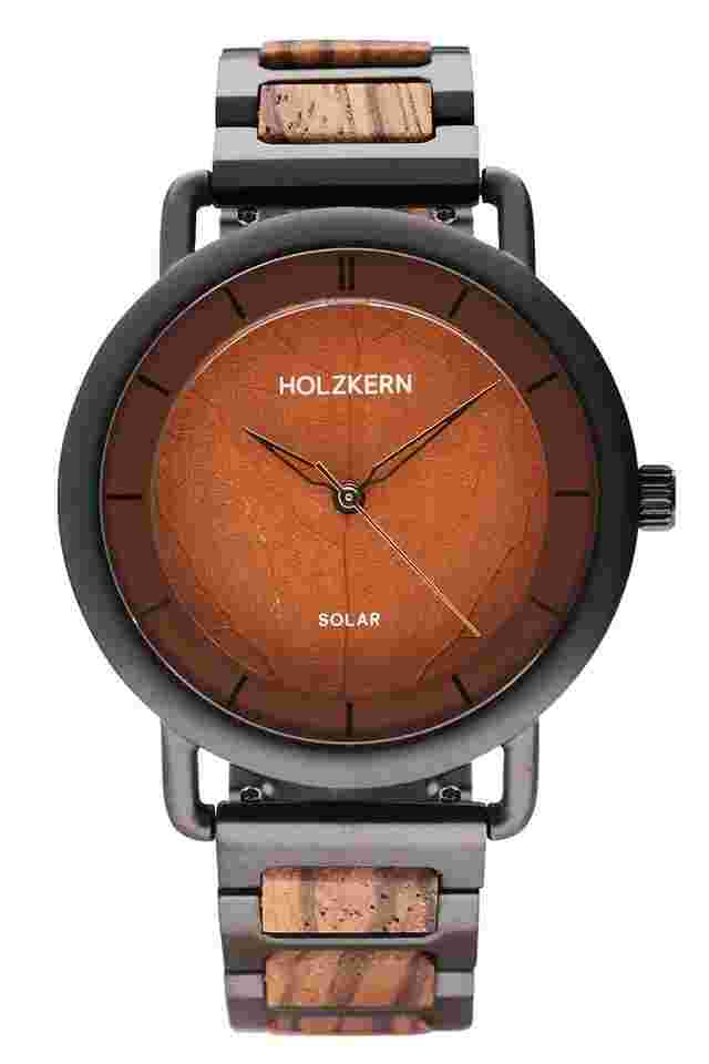 Holzkern Herren-Armbanduhr Solar Lauri Zebrano/Blatt Braun