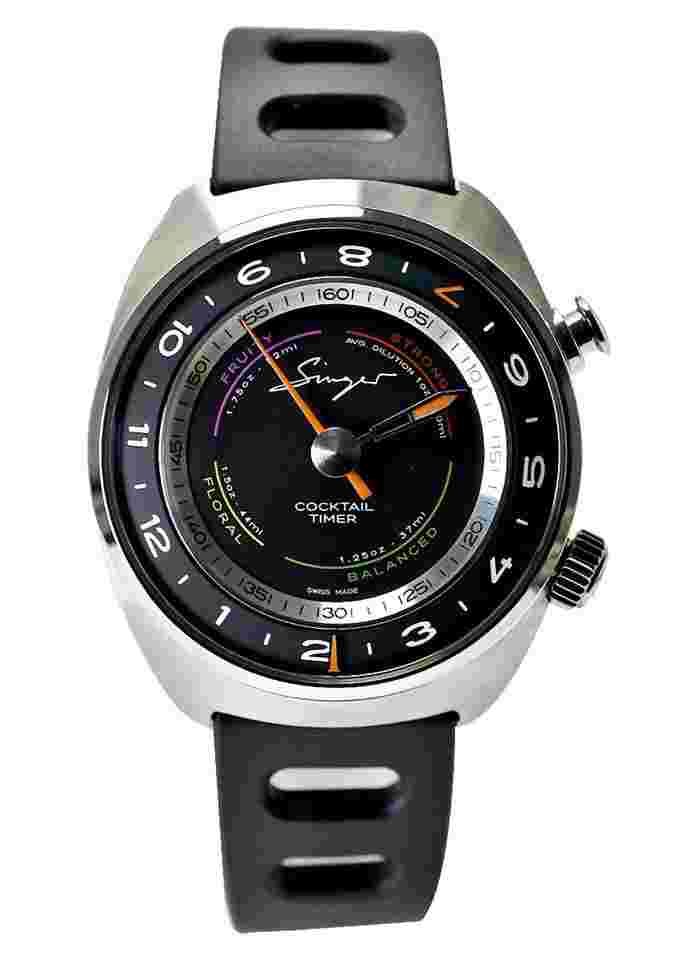Singer Flytrack Cocktail Edition in Stainless Steel on Black Rubber Strap with Black Dial