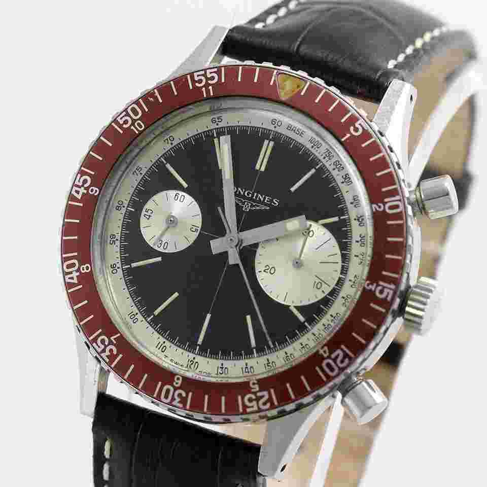 Longines Big Eye Fly-Back Chronograph Ref 7981-3 Black Dial Red Rotating Bezel Steel