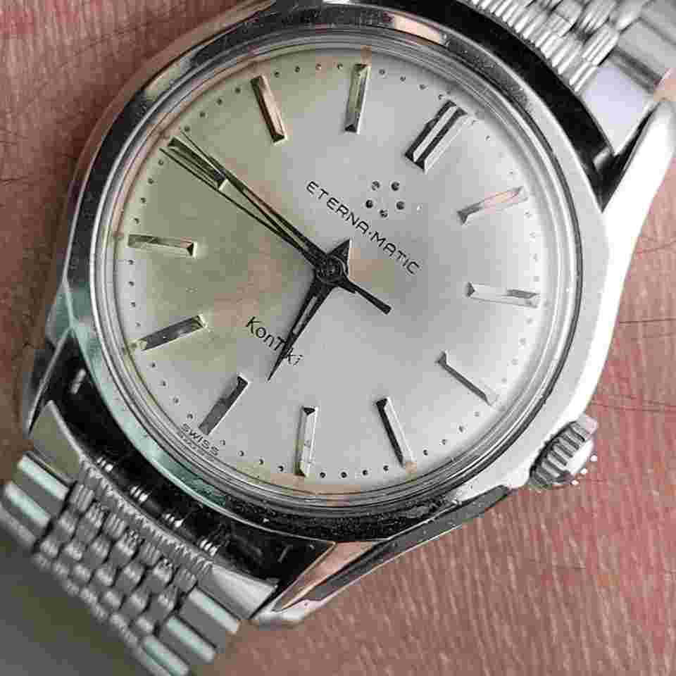 Eterna Matic Kontiki vintage 58'-62' en acier Kontiki Configuration rare cadran silver à index rapportés sans date