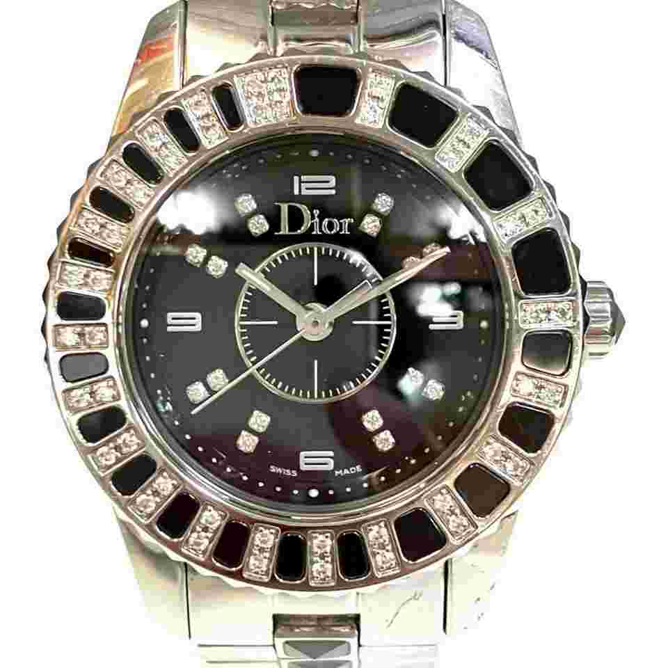 Dior Christal Crystal Diamond Bezel Watch Total Weight 75.8g Stainless Steel Quartz Black Dial CD112116M001