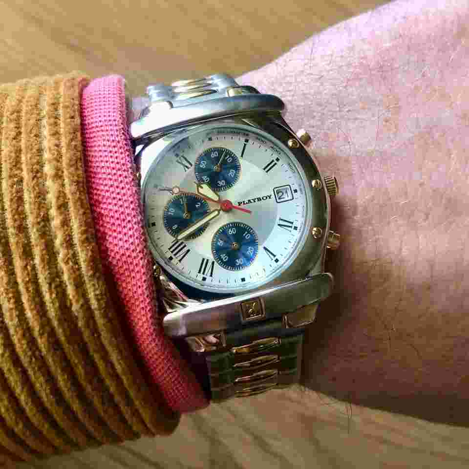 Playboy - ORIGINAL JustDate CHRONOGRAPH / MEN 38x45mm PANDA dial / GOLD pl parts GOLD & STEEL bracelet WR 100 meters / TIME FORCE AG of SWITZERLAND / EXTRA RARE vintage TOP condition / FULL WORKING condition SPECIAL EDITION