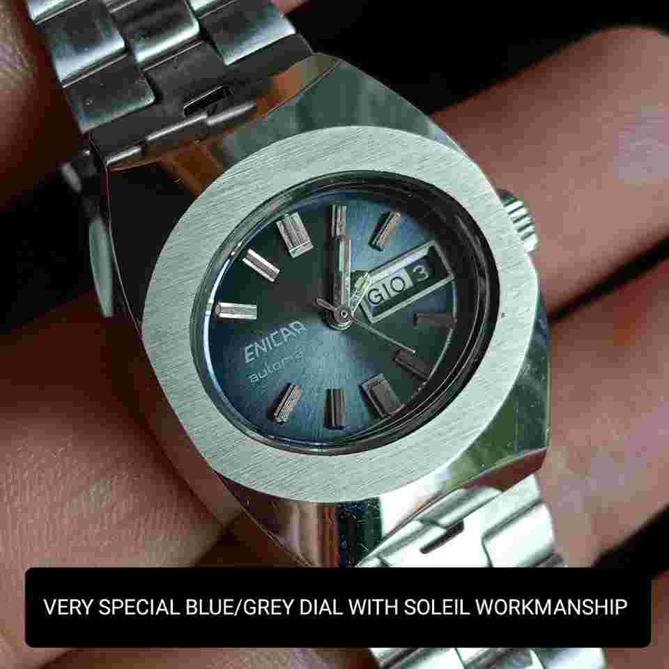 Enicar Lady Sturdy Case all Steel Day-Date Vintage 70 NOS Blue/Grey Soleil dial with large applied indexes