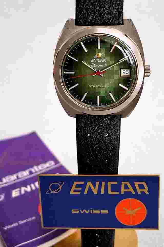 Enicar Sherpa D NOS 38mm Green Checkerboard Dial | AR161 Manual | NOS Tropic | Full Set | Vandervenus