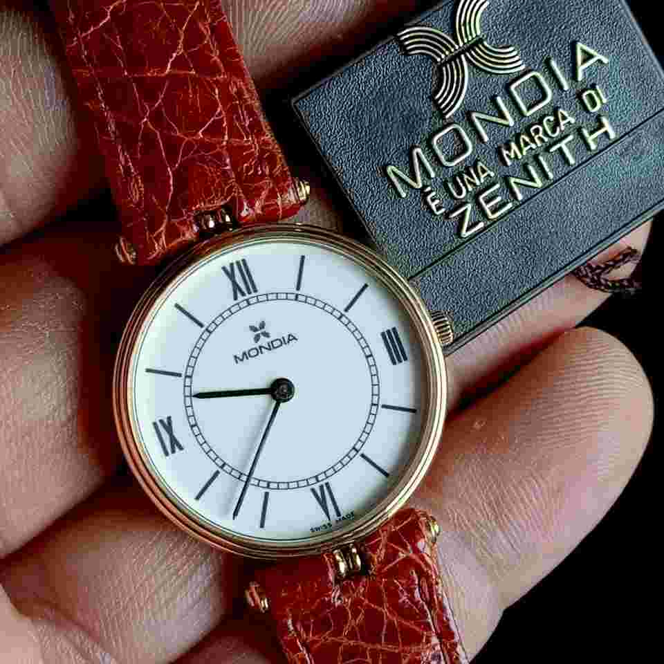Mondia Zenith Lady Quartz , 18K Solid Gold Case - Vintage 90 NOS White dial with Roman numerals - Crocodile strap