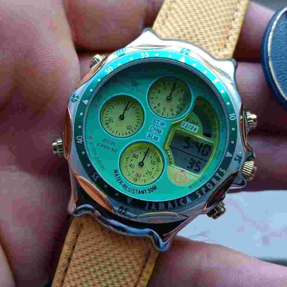 Pryngeps Jamaica World Chronograph Date Alarm Ana Digit Vintage '90 NOS Ø 40 mm Green Dial - Yellow strap. RARE