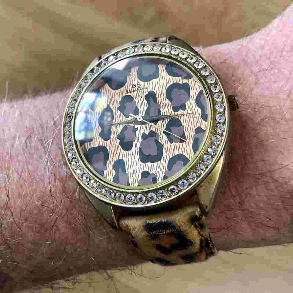 Blue Sister - BS / XL size 44x50mm / LEOPARD colored DESIGN lady`s watch / CRYSTALS bezel / RARE vintage / GOOD WORKING condition / Keeps GOOD TIME Original strap