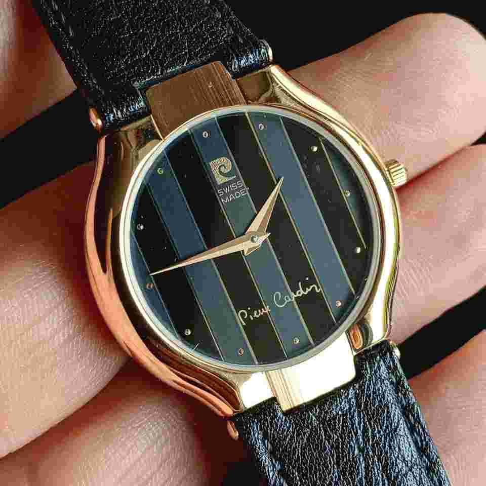 Pierre Cardin CHROMACHRON Gold Plated YG 18k Vintage 90 NOS Black/Grey dial with vertical lines and gold indexes