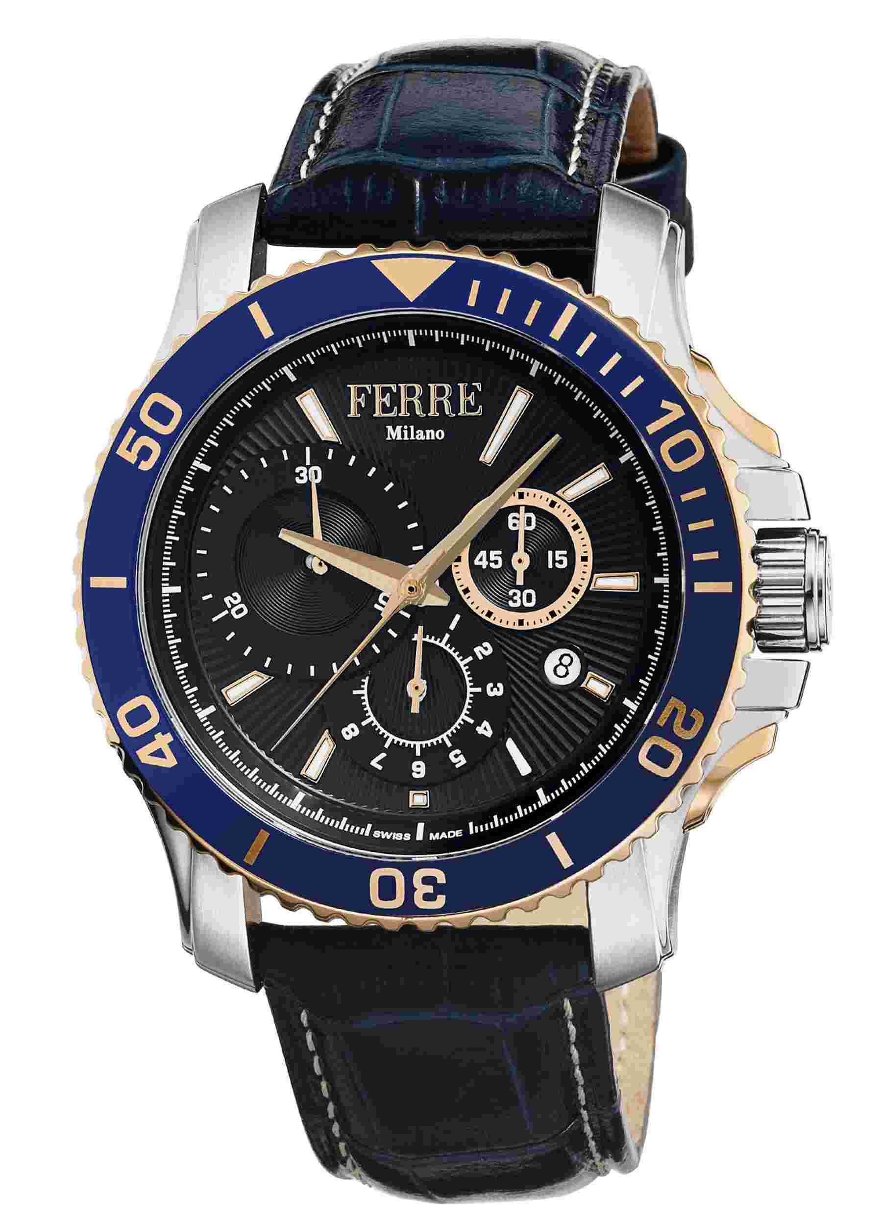 Ferre Milano Black Dark Blue Calfskin Leather FM1G070L0041 Watch